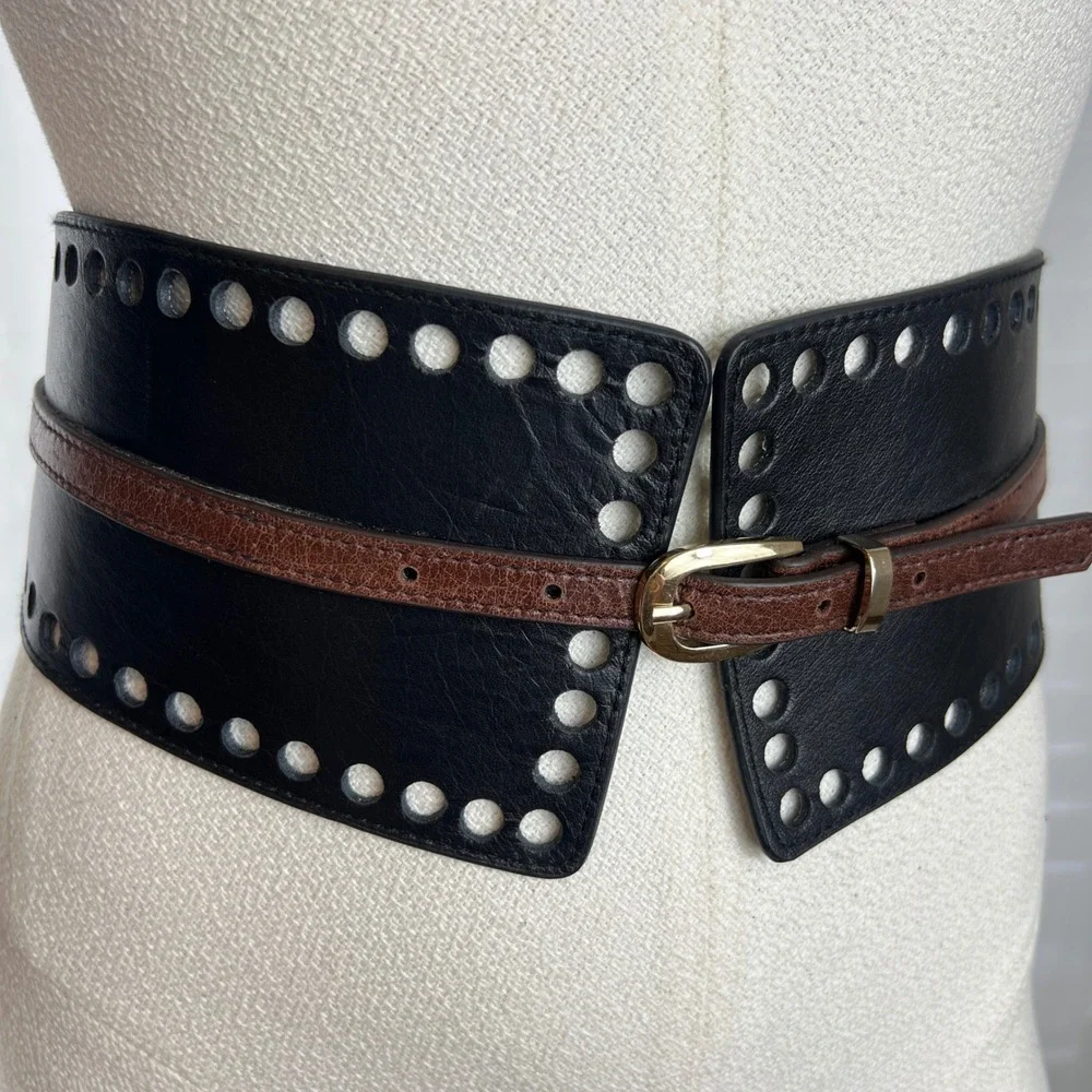 Womens Leather Black Brown Wide‎ Corset Waist Belt Snap Buckle Closure western S